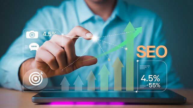 Digital Marketing Professional Analyzing Search Engine Optimization Metrics and Growth Trends on a Futuristic Interactive Display Interface