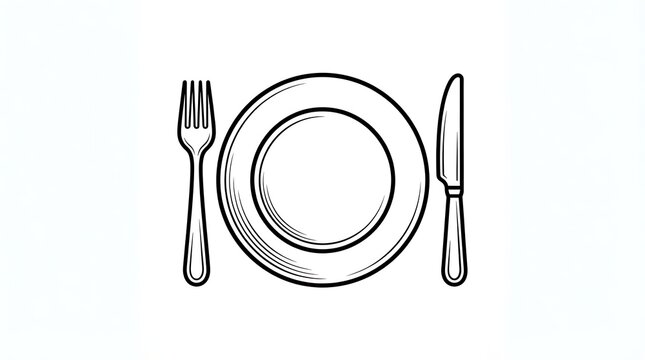 Black and white line drawing of a dinner plate with a fork with plate centered between table knife right simple black
