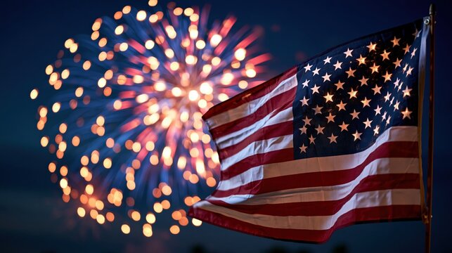 An American flag waves proudly against a backdrop of explosive fireworks, symbolizing national pride and celebration. ..Created with Generative AI, not depicting real subjects.