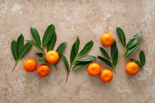 Mandarins fresh citrus fruit with green leaves