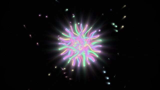 Abstract colorful glowing lines forming a flower shape with sparkling lights on black background.