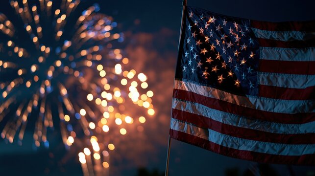 A vibrant American flag waves proudly against a backdrop of dazzling fireworks exploding in the night sky. ..Created with Generative AI, not depicting real subjects.
