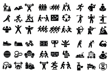 Obraz premium Sports and fitness design icons with running, weightlifting and yoga for mobile app branding in black solid style