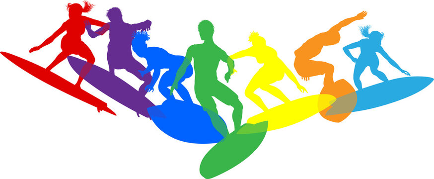 Surfer surfboard boarding male and female surfers surfing colorful silhouette outlines. Men and women surf group design concept.
