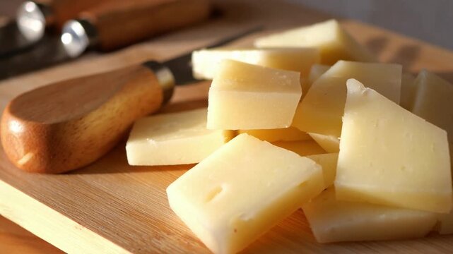 Close up video of artisanal yellow cheese cubes on wooden cutting board with cheese knives.