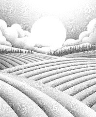Obraz premium Fields rolling hills and mountains farm landscape background illustration with countryside mountains, sunrise sun, clouds and trees. Original rural background drawing in vintage pointillism dot style