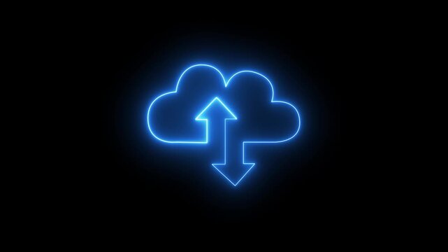Neon glowing digital cloud icon data transfer animation on a black background.
