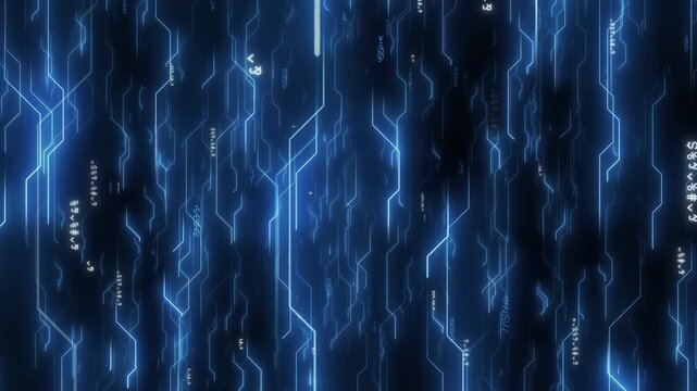 Vertical luminous circuitry coded symbols create a futuristic data interface on dark blue. artificial intelligence, software, cloud systems, digital communication, computing engineering visuals.