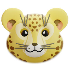 A friendly, stylized 3D cheetah or leopard head icon. Features bright yellow fur with brown spots, big expressive eyes, and cute whiskers, perfect for playful and engaging animal-themed designs. © Krematika
