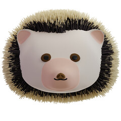 An adorable 3D rendered hedgehog icon featuring a white face, soft pink nose, brown eyes, and striking black and beige quills. Perfect for captivating app interfaces or charming digital projects. © Krematika