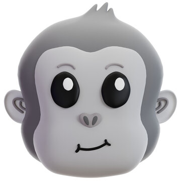 An adorable 3D rendered grey monkey face, perfect as a playful icon or avatar. Features smooth textures, big friendly eyes, and a charming smile. Ideal for UI/UX, games, and branding.