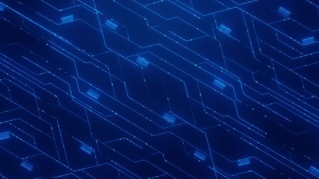 Glowing blue circuit pathways connection points futuristic electronic network. Strong for semiconductor, AI, robotics, cloud infrastructure, processor, automation and computing technology themes.