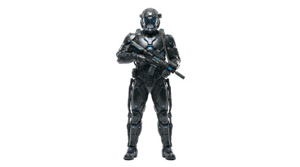 Fototapeta premium Futuristic armored robot soldier holds a rifle on transparent background. Tactical armor shows blue lights and protective plating. Science fiction concept for game art.