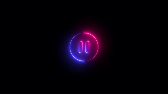Neon pause button sign icon animation glowing player pause circle stop music video and audio media control sign symbol on black background .