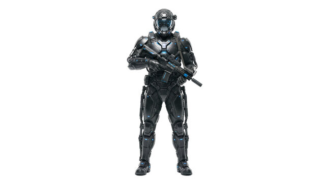 Futuristic armored robot soldier holds a rifle on transparent background. Tactical armor shows blue lights and protective plating. Science fiction concept for game art.