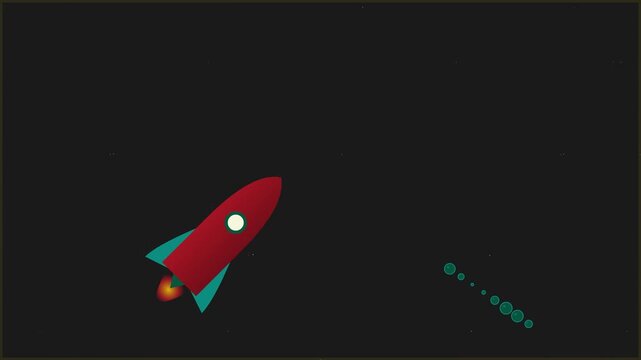 Red rocket ship flying through outer space towards a distant planet