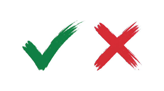 Green check mark and red cross show approval and rejection on transparent background. Brush strokes create a decision graphic. Useful for choice, comparison, feedback.