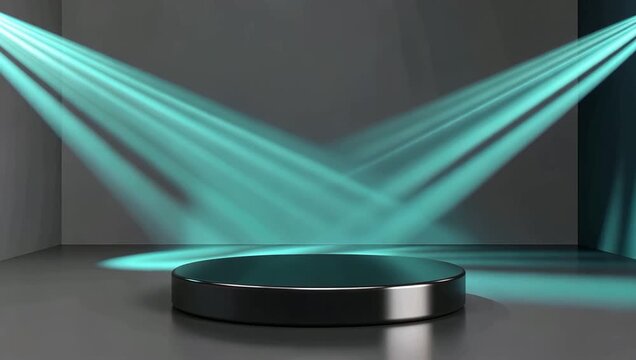Modern clean cyan and mint green technology showroom with geometric spotlights.