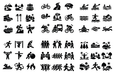 Fototapeta premium Outdoor and fitness concept icons with hiking, cycling and running symbols for infographic design in bold solid style