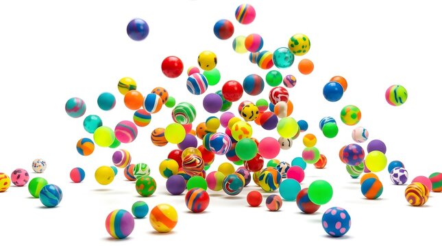 A multitude of colorful bouncy balls scattered across a white surface