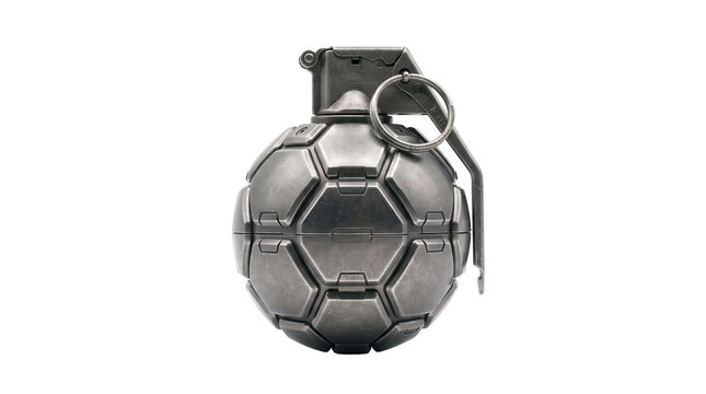 Military hand grenade with segmented casing and safety pin on transparent background. Tactical gear isolated for defense. Warfare object for military illustration.