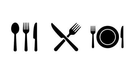 Black cutlery icons including a spoon fork knife and plate arranged on a white background with silhouettes various dining © EtiAfrose