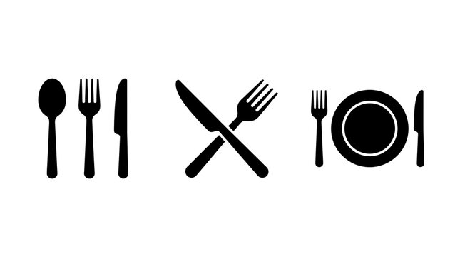 Black cutlery icons including a spoon fork knife and plate arranged on a white background with silhouettes various dining