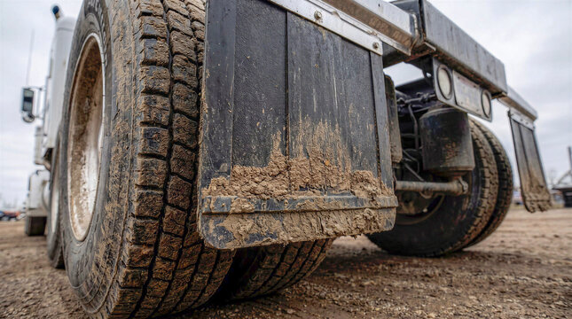 Rear view of a heavy truck with dirty mud flaps on wheels