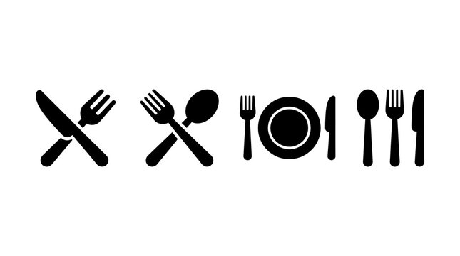 Set of black flatware icons featuring forks spoons knives and plates on a plain white background