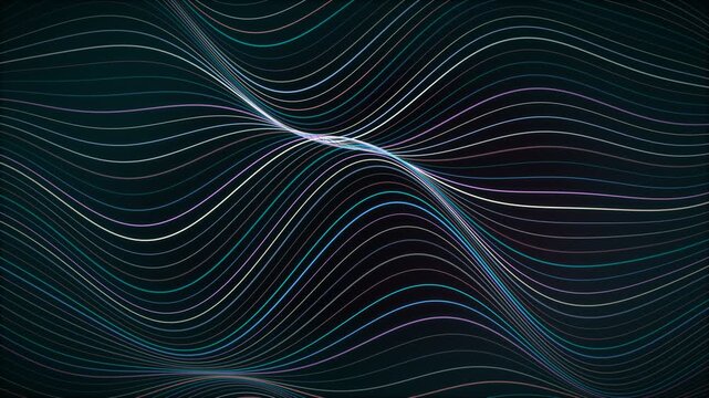 Abstract digital wave background with glowing curved lines creating futuristic sound frequency or data network pattern
