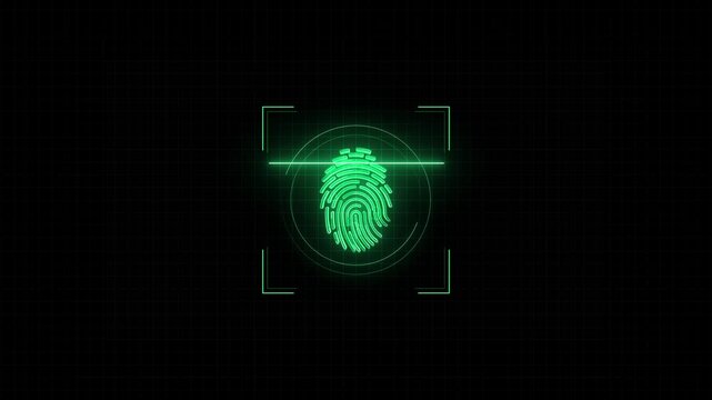 Futuristic green biometric fingerprint scanner glows precise targeting interface. authentication, mobile security, , financial access, identity checks, attendance, border control verification.