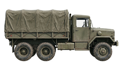 Fototapeta premium Vintage military cargo truck with a canvas-covered bed shown in side profile. Six-wheel transport vehicle isolated on transparent background. Equipment and logistics concept.