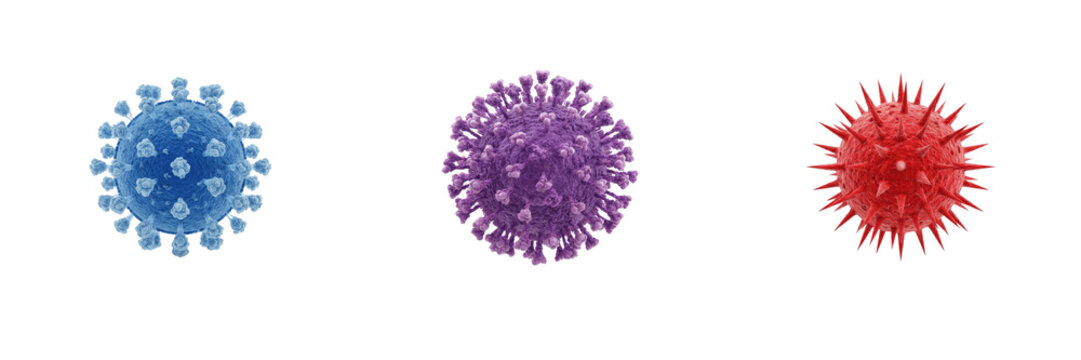 Set of 3 colorful virus cells and microorganisms isolated on transparent background, 3D medical illustration of coronavirus, bacteria, and pathogen elements for scientific design.
