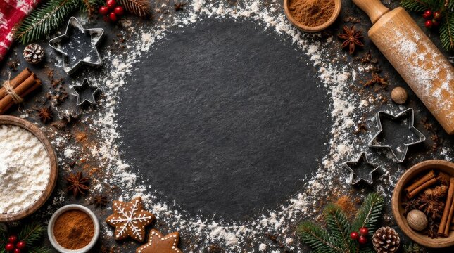 Festive christmas baking flat lay with flour circle and spices