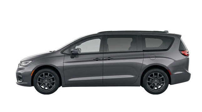 Gray minivan in side profile on transparent background. Spacious family vehicle with sliding doors. Isolated automotive image for travel and transport advertising.
