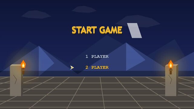 Retro PlayStation inspired low poly game start menu featuring start game title, player selection cursor, animated torches and nostalgic gaming environment in seamless loop