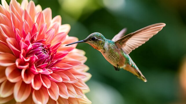 Small hummingbird hovering in mid-air near a vibrant pink dahlia flower with green blurred background, in a sunny, garden during the daytime