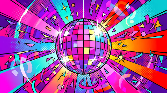 Vibrant Pop Art Disco Ball Illustration with Dynamic Explosive Light Rays and Colorful Confetti Particles for Nightclub Party Celebration