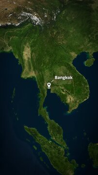 Vertical satellite map zoom to Bangkok, Thailand with a location pin marker and text. Perfect for short-form social media travel promos and mobile app backgrounds.
