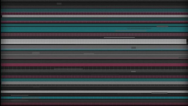 Abstract horizontal digital lines and television screen glitch noise texture in dark grey, teal, and maroon tones