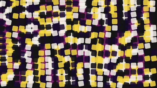 Abstract geometric pattern with colorful overlapping rounded squares in vibrant yellow, dark purple, and white tones