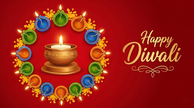 Happy Diwali - Clay Diya lamps lit during Dipavali, Hindu festival of lights celebration. Colorful traditional oil lamp diya on pink background