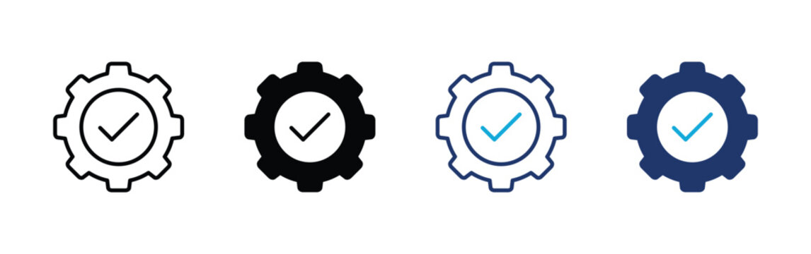 Vector icons showcasing a cogwheel with an integrated checkmark, signifying successful settings, completed processes, system optimization, and efficient operational functionality.