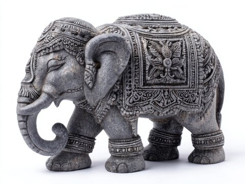 Ornate Gray Stone Elephant Statue With Intricate Carvings Against A Plain White Background