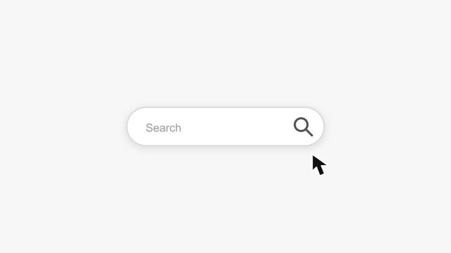 Search bar animation appears on a clean white background with a mouse cursor moving towards the icon.