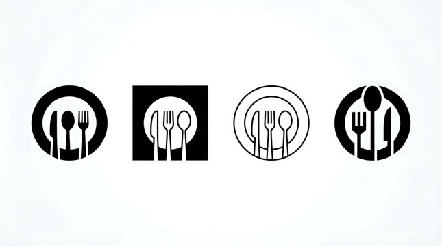 Set of four minimalist black with compositions white background various graphic compositions stylized plates arranged