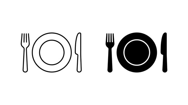 Black and white outline and silhouette icons of a fork a plate with cutlery icons consisting graphic design styles with circular plate knife