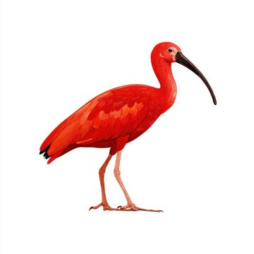 Scarlet Ibis Bird Standing Isolated On White Background With Vibrant Red Plumage And Curved Black Beak