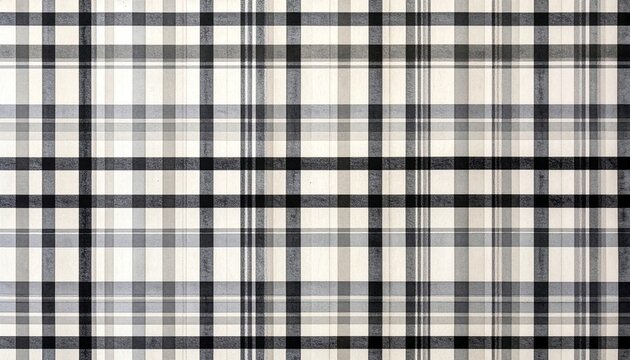 Monochrome black grey white plaid tartan fabric texture with geometric checkered grid pattern background.