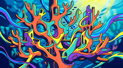 Obraz premium Vibrant underwater coral reef illustration featuring colorful coral formations in a deep blue ocean